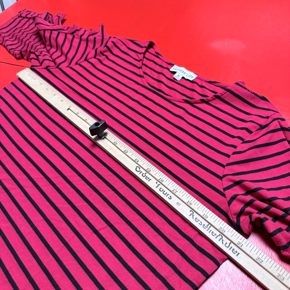 SOUTHERN LADY RED BLACK STRIPES RUFFLE SLEEVE TOP - Picture 6 of 6
